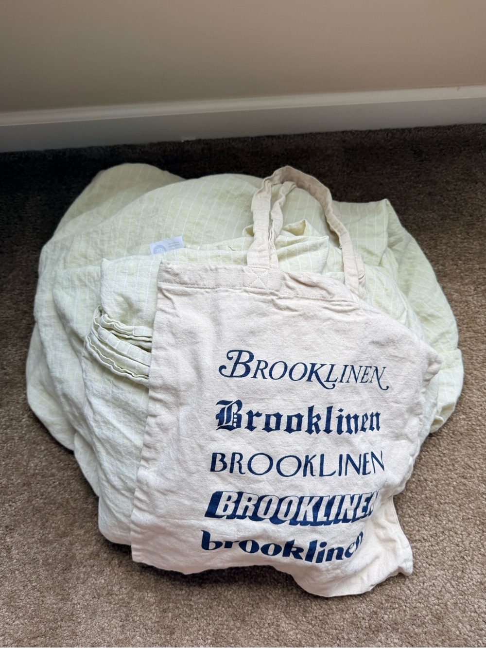Brooklinen Canvas Tote Bag with queen linen sheet set